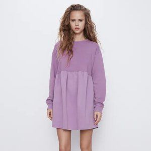 Zara Lilac Lavender Washed Effect Denim Sweatshirt Dress Size Large GUC